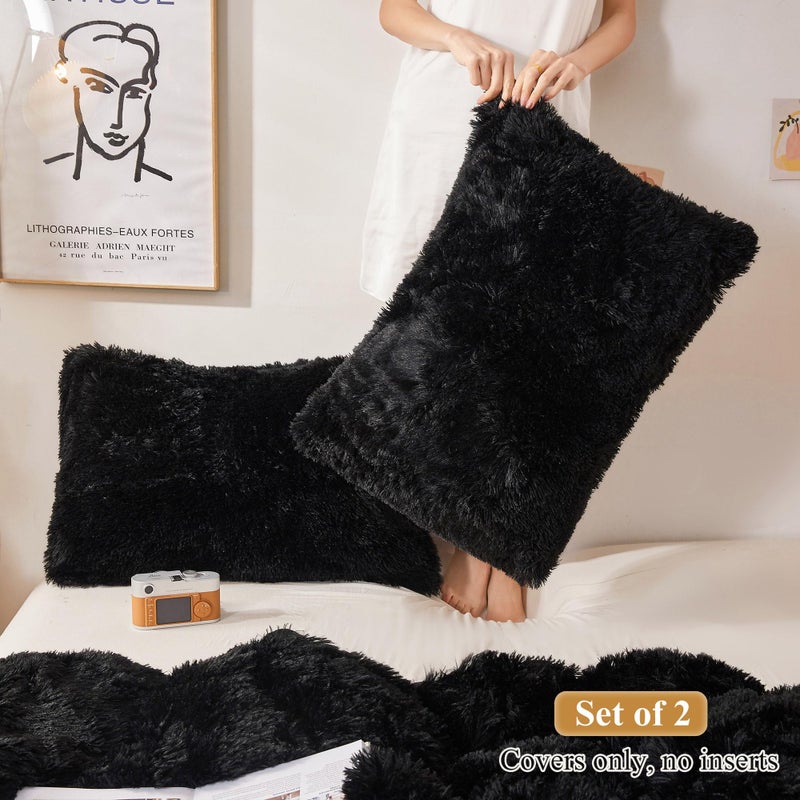 XeGe Faux Fur Throw Pillow Cases Plush Shaggy Ultra Soft Pillow Cover Fluffy Crystal Velvet Decorative Pillowcases Zipper Closure,Set of 2 (Standard, Black) - Image 2